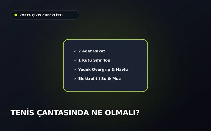 Tenis çantası içindeki ekipman kontrol listesi onay kutuları
