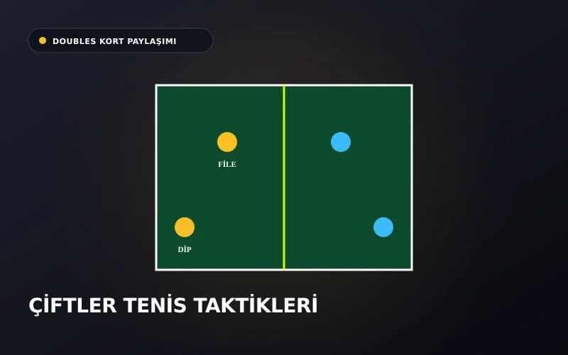 Çiftler tenisi kort paylaşımı file ve dip çizgi oyuncu pozisyonları